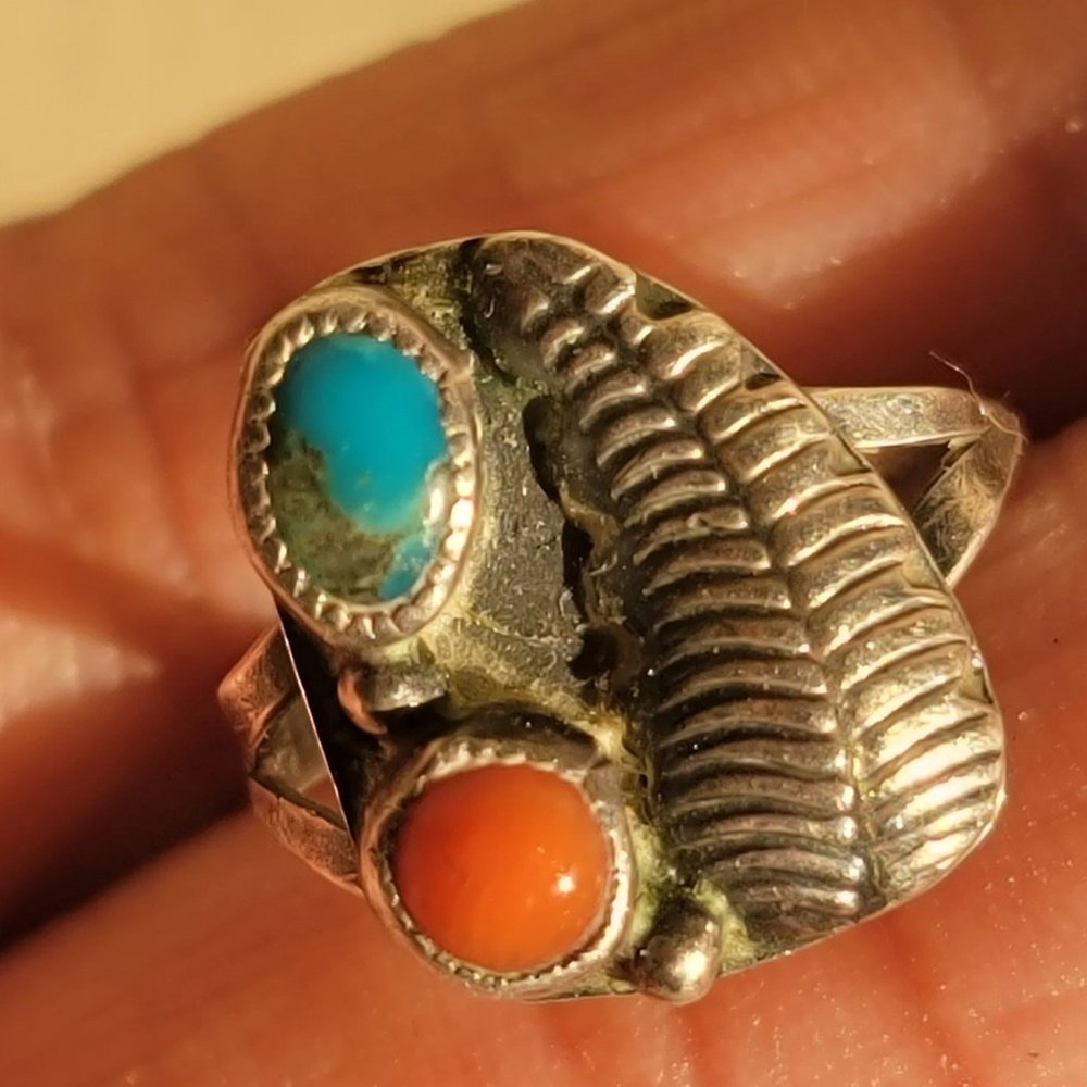 Native American handmade vintage 925 sterling silver turquoise + coral squash bl - Picture 5 of 13